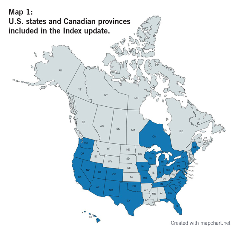 Map 1:  U.S. states and Canadian provinces included in the Index update.